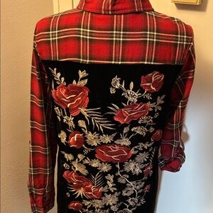 ‘Johnny Was look’ Red Plaid Dress tunic top wVelvet Floral Back Size M 40” Chest